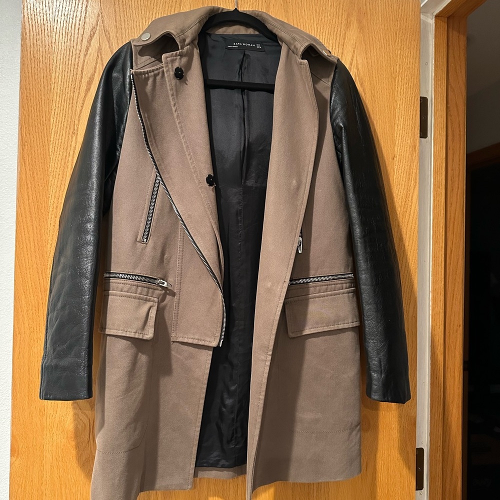 Zara Brown Coat with Black Leather Sleeves